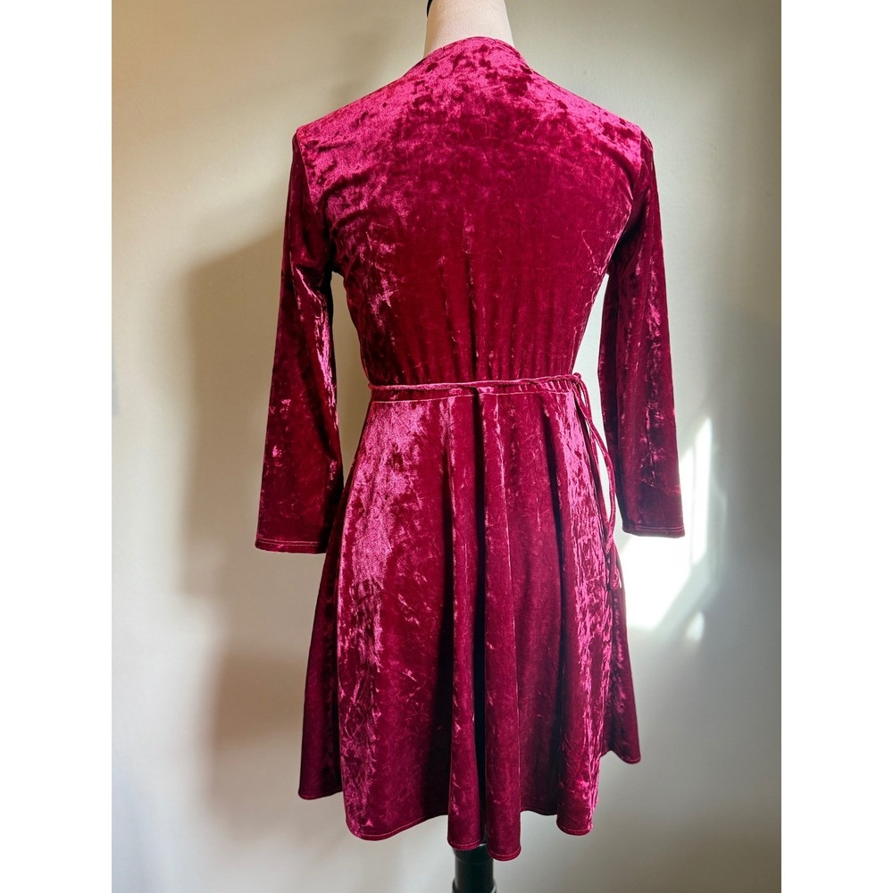 Lulus Crushed Velvet Wrap Dress Wine Long Sleeve Mini xs boho Y2K‎ whimsi - Picture 3 of 8